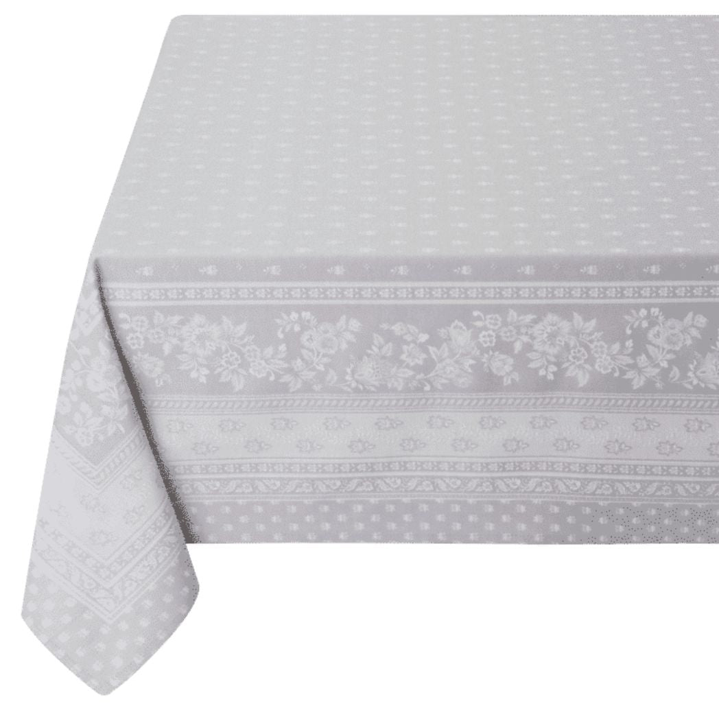 Eine hellgraue Tischdecke, elegant und schick, mit Schutz vor Flecken. Es ist perfekt, um für jeden Anlass des Jahres einen schicken und praktischen Tisch zu haben.