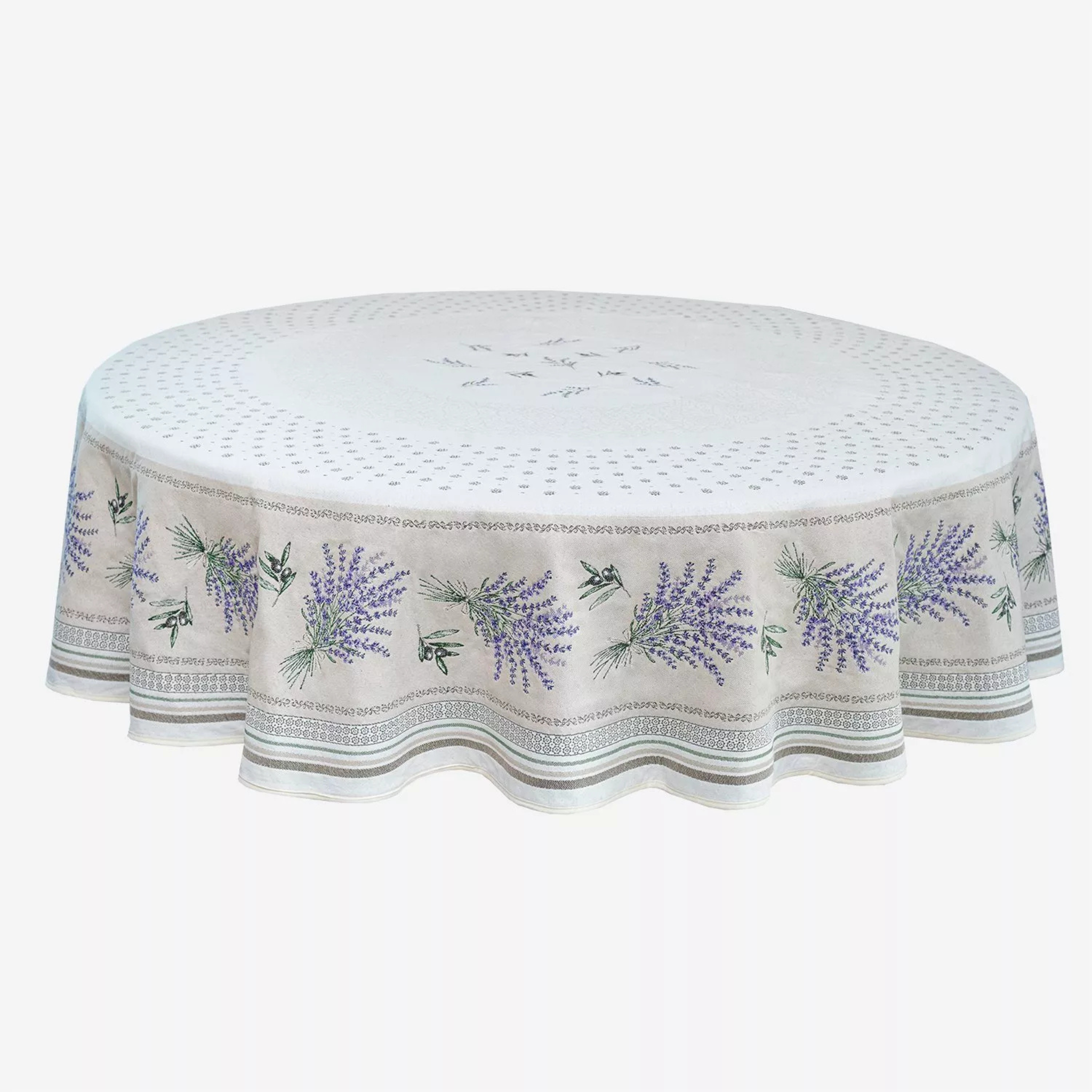Runde Tischdecke mit Lavendel- und Olivenmuster, elegant gedeckter Tisch im Freien