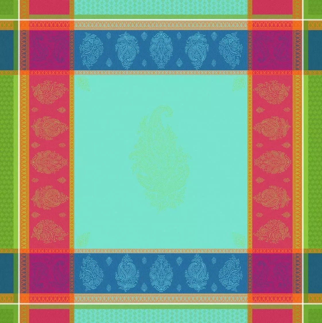 Die Jacquard Tischdecke aus 100% Baumwolle wird in einer kleinen Manufaktur, in Südfrankreich hergestellt. Diese schöne, farbenfrohe Tischdecke in den extravaganten Türquis, Pink, Rot, Grüntönen ist ein echter Hingucker. 