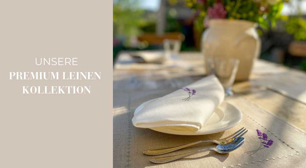Eine Kollektion aus 100 % Leinen und 100 % hergestellt in Frankreich mit feiner Stickerei für einen raffinierten und eleganten Tisch.