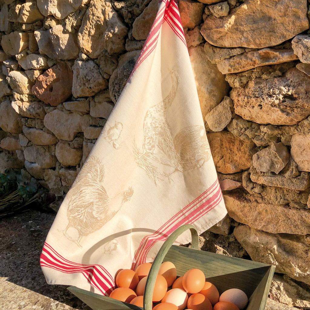 hochwertige Jacquard-Baumwolle - Geschirrtuch mit Hühnerhof Muster hergestellt in Frankreich